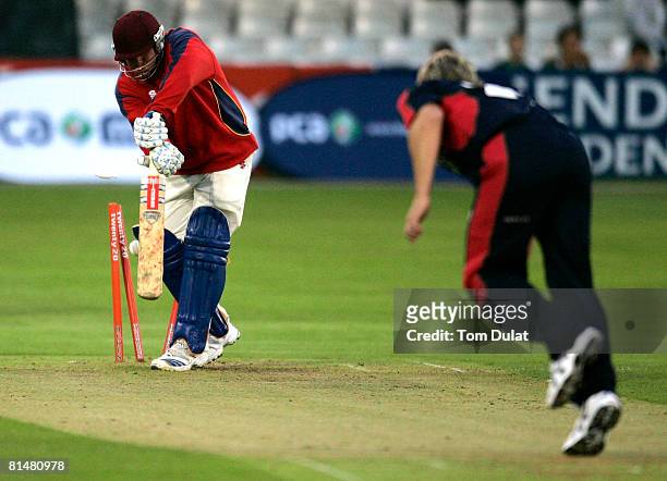 Dominic Hurst of Essex Academy is bowled out by Graham Napier of PCA Masters during Twenty20 match between PCA Masters v Essex Academy at The Ford...