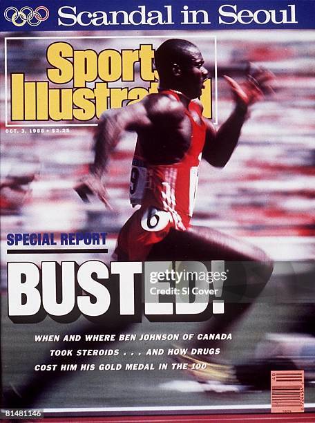 October 3, 1988 Sports Illustrated via Getty Images Cover. Track & Field: 1988 Summer Olympics. Canada Ben Johnson in action, winning 100M Final at...