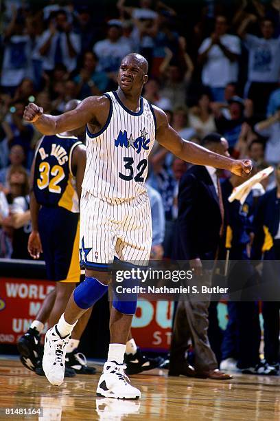 Shaquille O'Neal of the Orlando Magic reacts against the Indiana Pacers in Game One of the Eastern Conference Quarterfinals during the 1994 NBA...