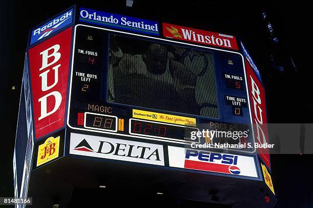 An image of Shaquille O'Neal of the Orlando Magic is shown on the jumbotron in Game One of the Eastern Conference Quarterfinals against the Indiana...