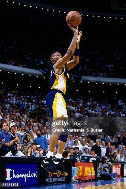 Byron Scott of the Indiana Pacers shoots a jump shot against the Orlando Magic in Game One of the Eastern Conference Quarterfinals during the 1994...