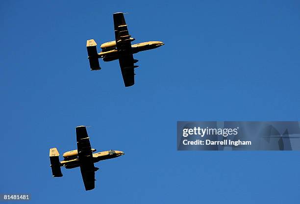 Two A-10 Thunderbolts fly overhead prior to the NASCAR Craftsman Truck Series Sam's Town 400k on June 6, 2008 at the Texas Motor Speedway in Fort...