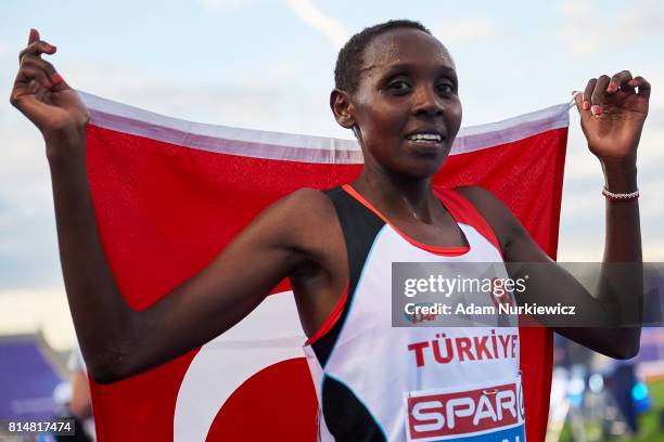 Yasemin Can from Turkey celebrates her victory in women's 10000m final during Day 2 of European Athletics U23 Championships 2017 at Zawisza Stadium...