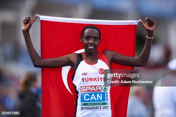 Yasemin Can from Turkey celebrates her victory in women's 10000m final during Day 2 of European Athletics U23 Championships 2017 at Zawisza Stadium...