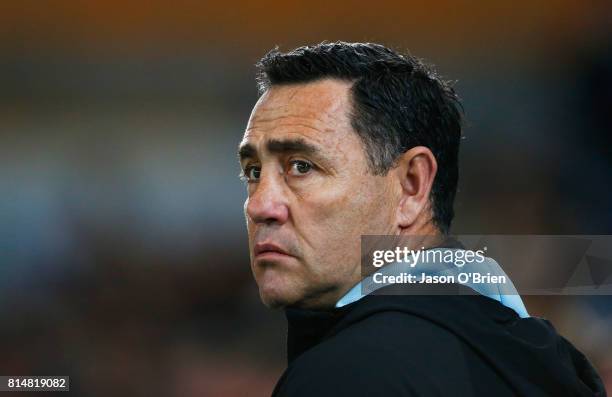 Sharks Coach Shane Flanagan looks on during the round 19 NRL match between the Gold Coast Titans and the Cronulla Sharks at Cbus Super Stadium on...