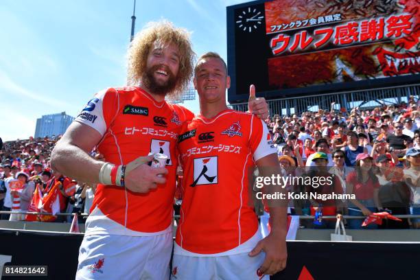 Williem Britz of Sunwolves and Riaan Viljoen of Sunwolves pose for a photographs after winning the Super Rugby match between the Sunwolves and the...
