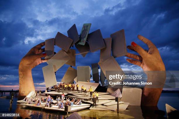 General view of the Seebuehne floating stage design, seen during the rehearsal of the opera 'Carmen' prior the Bregenz Festival on July 14, 2017 in...