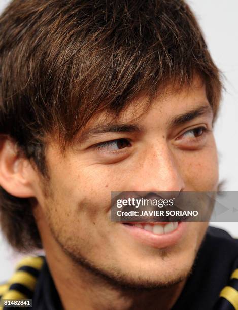 Spanish midfielder David Silva attends a press conference after a training session on June 7, 2008 in Neustif, near Innsbruck, Austria. Spain will...