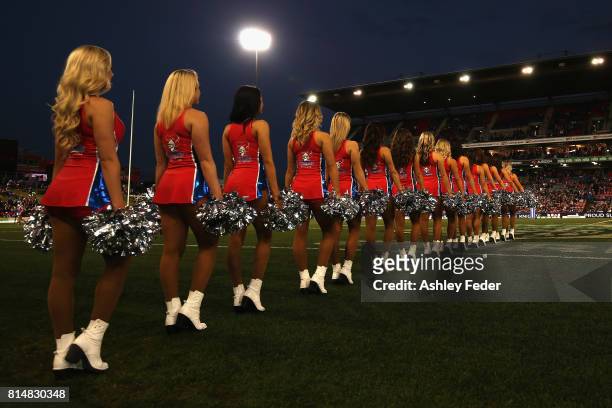 Knights cheerleaders line up during the round 19 NRL match between the Newcastle Knights and the Brisbane Broncos at McDonald Jones Stadium on July...