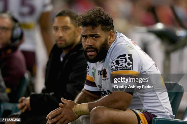 Sam Thaiday of the Broncos sits on the bench during the round 19 NRL match between the Newcastle Knights and the Brisbane Broncos at McDonald Jones...