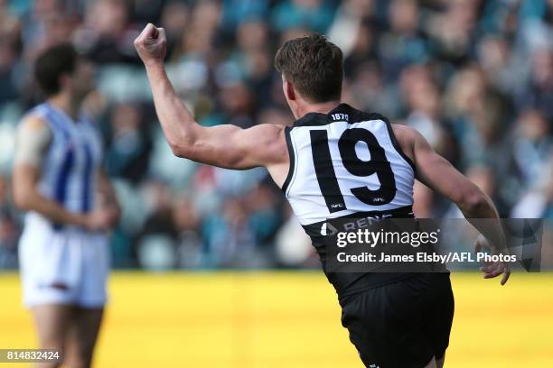 Matt White of the Power celebrates a goal during the 2017 AFL round 17 match between the Port Adelaide Power and the North Melbourne Kangaroos at the...