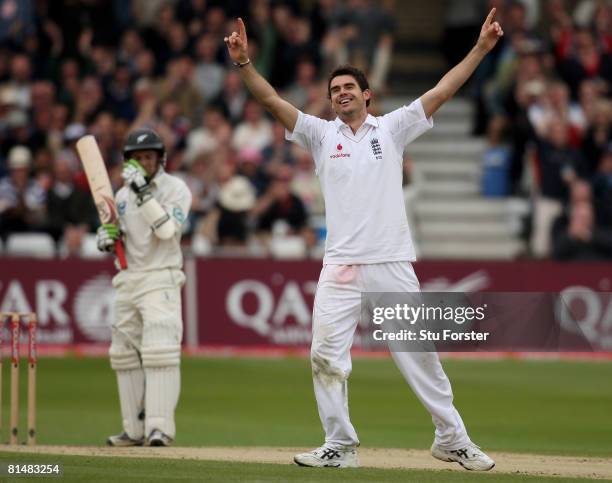 England bowler James Anderson celebrates after taking the wicket of New Zealand batsman Gareth Hopkins during day three of the 3rd npower Test Match...