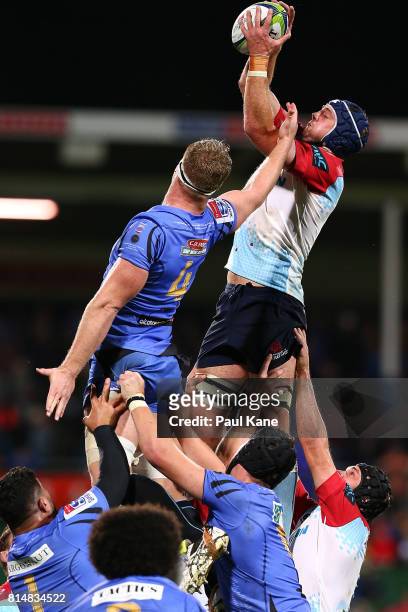 Dean Mumm of the Waratahs wins a line out against Matt Philip of the Force during the round 17 Super Rugby match between the Force and the Waratahs...