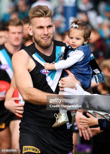 Jackson Trengove of the Power walks out onto the ground during the round 17 AFL match between the Port Adelaide Power and the North Melbourne...