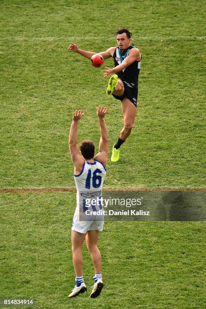 Sam Powell-Pepper of the Power kicks the ball during the round 17 AFL match between the Port Adelaide Power and the North Melbourne Kangaroos at...