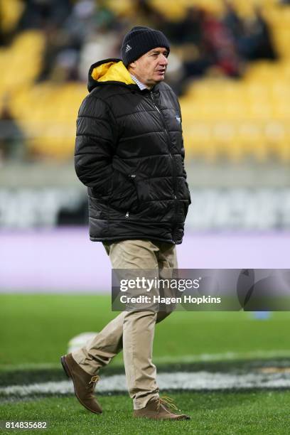 Coach Chris Boyd of the Hurricanes looks on during the round 17 Super Rugby match between the Hurricanes and the Crusaders at Westpac Stadium on July...