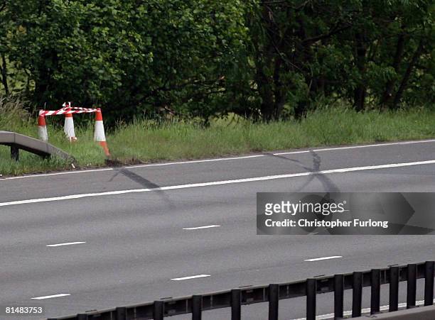 Skid marks and warning tape mark the spot on the M6 southbound motorway near Keele services where two boys aged eight and 10 were killed in a car...