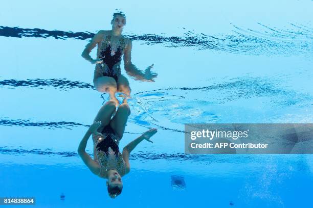 Picture taken with an underwater camera shows Austria's Vasiliki Alexandri competing in the Women Solo technical final during the synchronised...