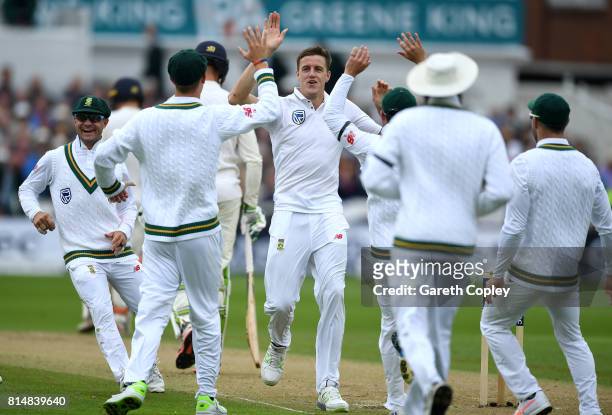 Morne Morkel of South Africa celebrates dismissing Keaton Jennings of England during day two of the 2nd Investec Test match between England and South...