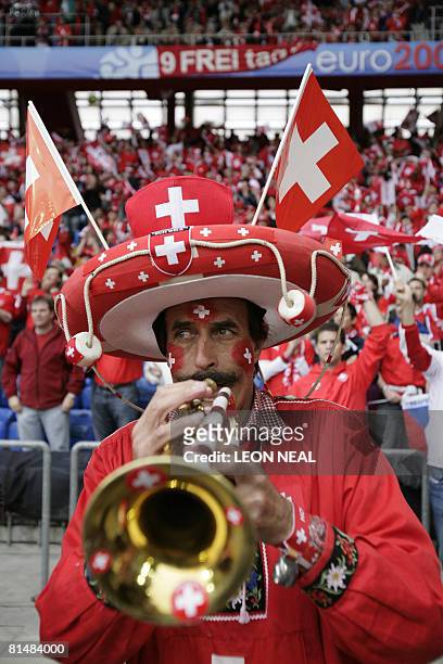 Famous Swiss football supporter "Trompeten-Sigi" plays ahead of the kick off of the Euro 2008 Championships Group A football match Switzerland vs....