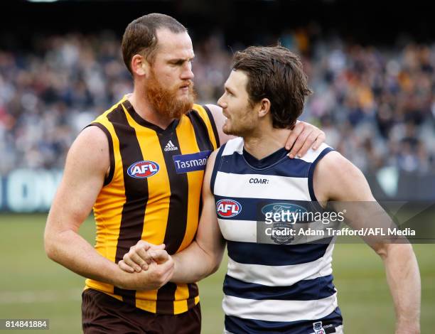 Jarryd Roughead of the Hawks shakes hands with Patrick Dangerfield of the Cats during the 2017 AFL round 17 match between the Geelong Cats and the...