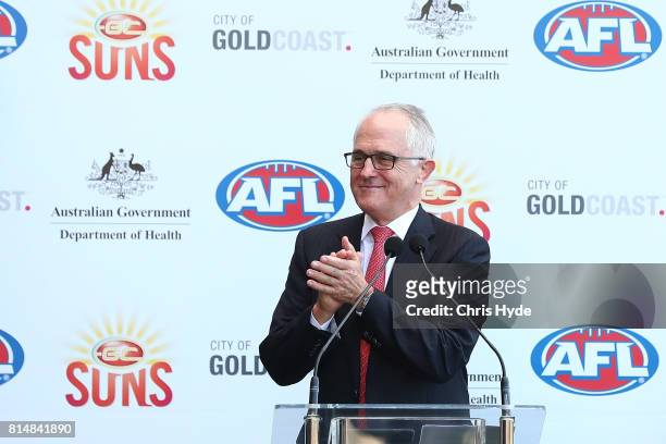 Prime Minister Malcolm Turnbull opens the Suns Training and Admin facilities during the round 17 AFL match between the Gold Coast Suns and the...