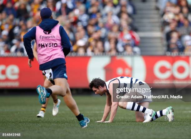 Patrick Dangerfield of the Cats comes off the ground injured during the 2017 AFL round 17 match between the Geelong Cats and the Hawthorn Hawks at...