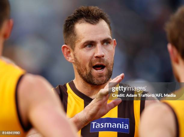 Luke Hodge of the Hawks addresses his teammates in his 300th game during the 2017 AFL round 17 match between the Geelong Cats and the Hawthorn Hawks...