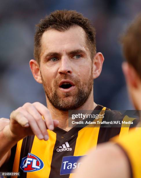 Luke Hodge of the Hawks addresses his teammates in his 300th game during the 2017 AFL round 17 match between the Geelong Cats and the Hawthorn Hawks...