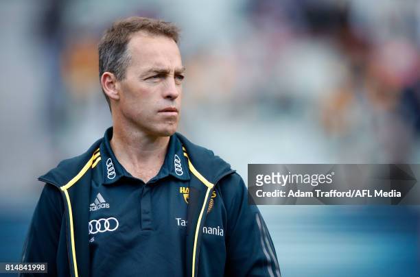 Alastair Clarkson, Senior Coach of the Hawks looks on during the 2017 AFL round 17 match between the Geelong Cats and the Hawthorn Hawks at the...