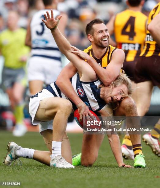 Luke Hodge of the Hawks playing his 300th game reacts to a free kick paid against him for a tackle on Cameron Guthrie of the Cats during the 2017 AFL...