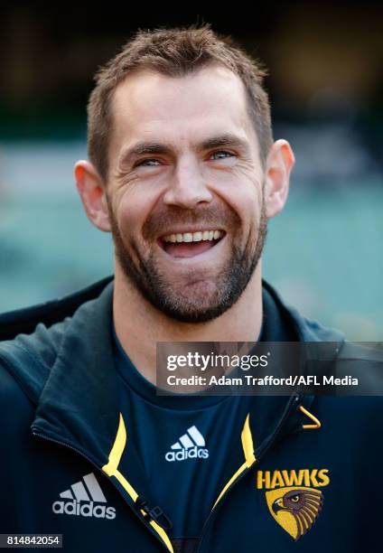 Luke Hodge of the Hawks is interviewed by Jonathan Brown of Fox Footy ahead of his 300th game during the 2017 AFL round 17 match between the Geelong...