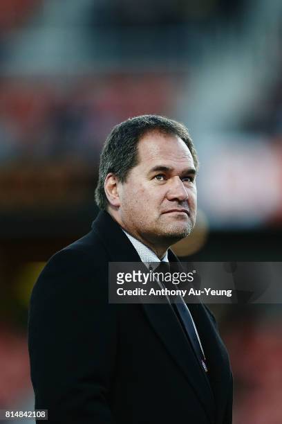 Head Coach Dave Rennie of the Chiefs looks on prior to the round 17 Super Rugby match between the Chiefs and the Brumbies at Waikato Stadium on July...