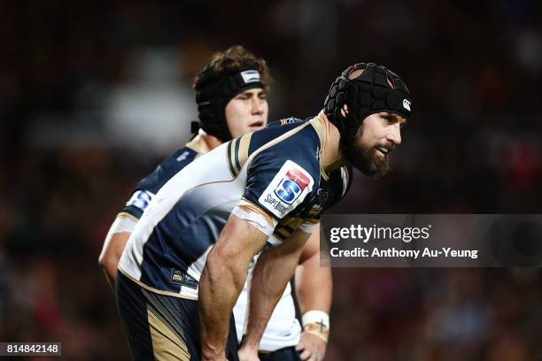 Scott Fardy of the Brumbies looks on during the round 17 Super Rugby match between the Chiefs and the Brumbies at Waikato Stadium on July 15, 2017 in...