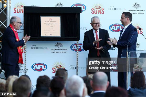 Prime Minister Malcolm Turnbull opens the Suns Training and Admin facilities during the round 17 AFL match between the Gold Coast Suns and the...