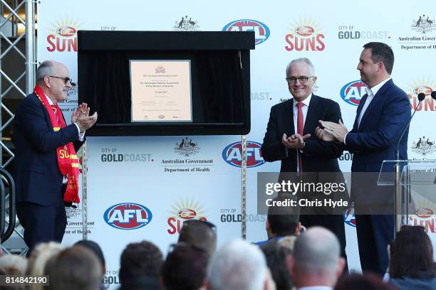 Prime Minister Malcolm Turnbull opens the Suns Training and Admin facilities during the round 17 AFL match between the Gold Coast Suns and the...