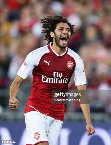 Mohamed Elneny of Arsenal celebrates scoring a goal during the match between the Western Sydney Wanderers and Arsenal FC at ANZ Stadium on July 15,...