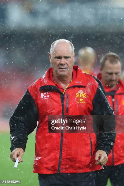 Suns coach Rodney Eade looks on during the round 17 AFL match between the Gold Coast Suns and the Collingwood Magpies at Metricon Stadium on July 15,...