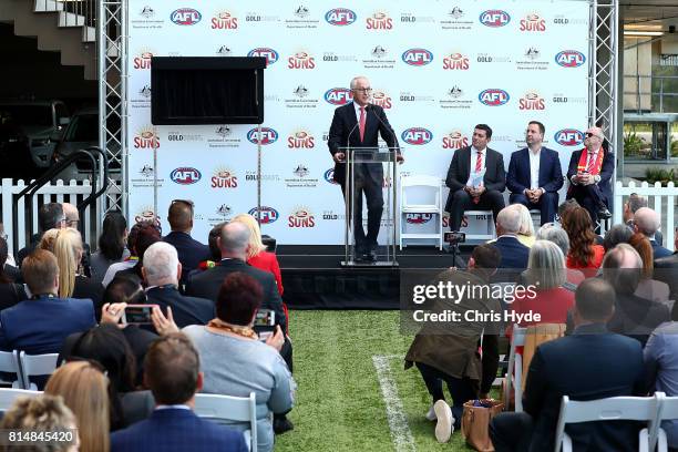 Prime Minister Malcolm Turnbull opens the Suns Training and Admin facilities during the round 17 AFL match between the Gold Coast Suns and the...