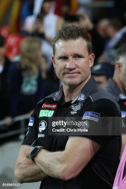 Magpies coach Nathan Buckley looks on after winning the round 17 AFL match between the Gold Coast Suns and the Collingwood Magpies at Metricon...