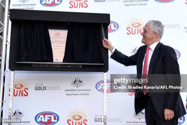 Prime Minister Malcolm Turnbull opens the Suns Training and Administration facilities before the round 17 AFL match between the Gold Coast Suns and...