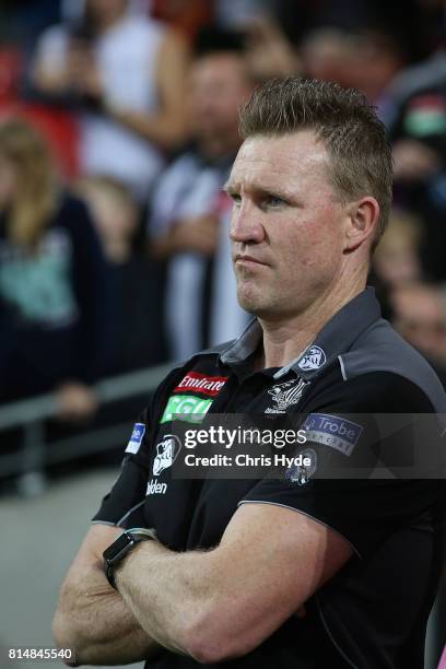 Magpies coach Nathan Buckley looks on after winning the round 17 AFL match between the Gold Coast Suns and the Collingwood Magpies at Metricon...