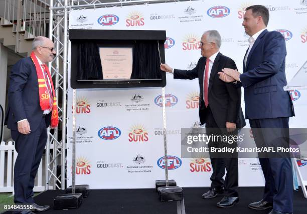 Prime Minister Malcolm Turnbull opens the Suns Training and Administration facilities before the round 17 AFL match between the Gold Coast Suns and...