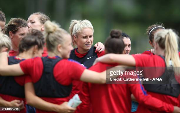 Steph Houghton of England Women speaks during a huddle during the England training session on July 15, 2017 in Utrecht, Netherlands.