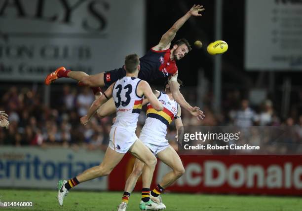 Joel Smith of the Demons leaps for the ball during the round 17 AFL match between the Melbourne Demons and the Adelaide Crows at TIO Stadium on July...