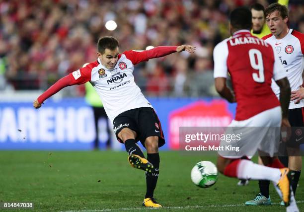 Steve Lustica of the Wanderers scores a goal during the match between the Western Sydney Wanderers and Arsenal FC at ANZ Stadium on July 15, 2017 in...