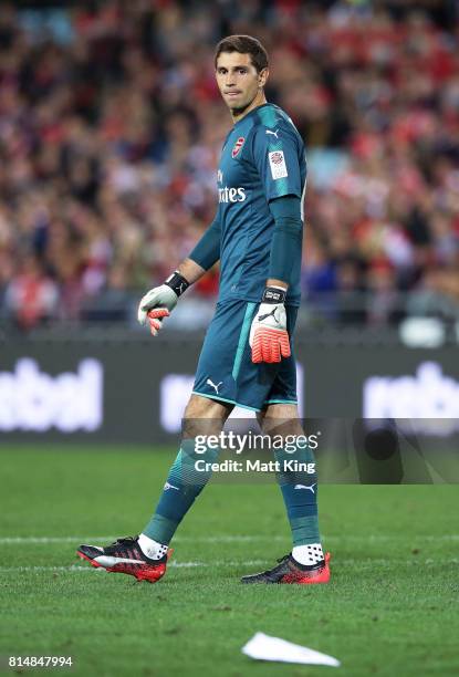 Arsenal goalkeeper Emiliano Martinez looks at a paper plane that was thrown onto the pitch during the match between the Western Sydney Wanderers and...