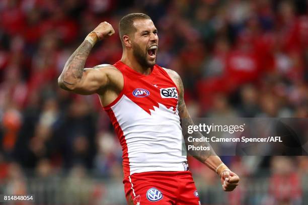 Lance Franklin of the Swans celebrates kicking a goal during the round 17 AFL match between the Greater Western Sydney Giants and the Sydney Swans at...