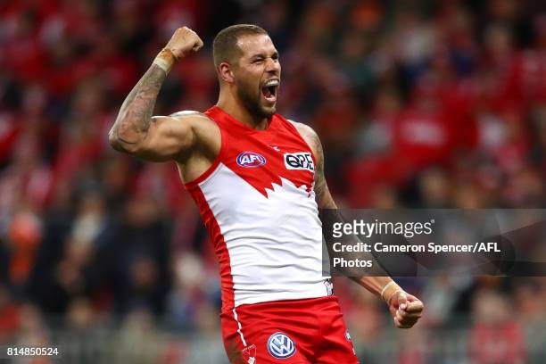 Lance Franklin of the Swans celebrates kicking a goal during the round 17 AFL match between the Greater Western Sydney Giants and the Sydney Swans at...