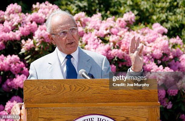 Bob Cousy, NBA Legend and alumnus of Holy Cross talks during a ceremony unveiling a statue of Bob Cousy on June 7, 2008 at College of the Holy Cross...